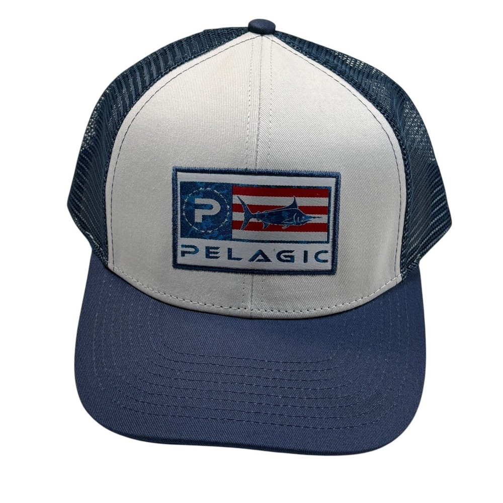 Pelagic Pursuit Hat Icon‎ Americamo Mens Blue White Fishing Trucker Snapback NEW